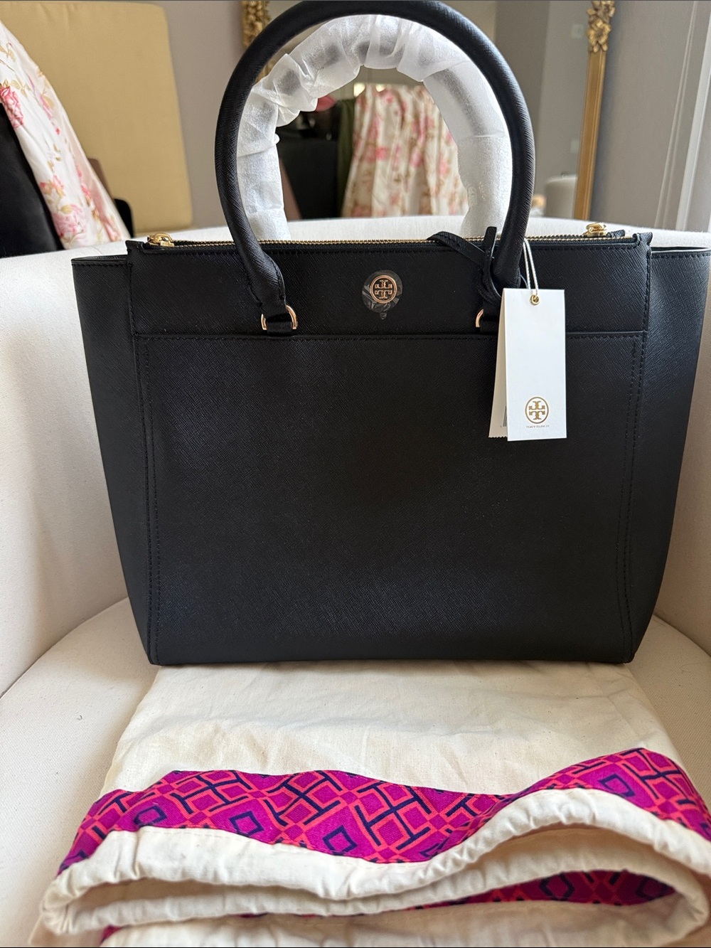 Tory Burch Black Saffiano Tote with Gold Logo Hardware